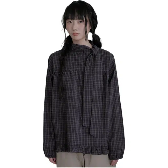 荟萃阁 复古格纹领口蝴蝶结绑带休闲宽松泡泡袖衬衫 女款
