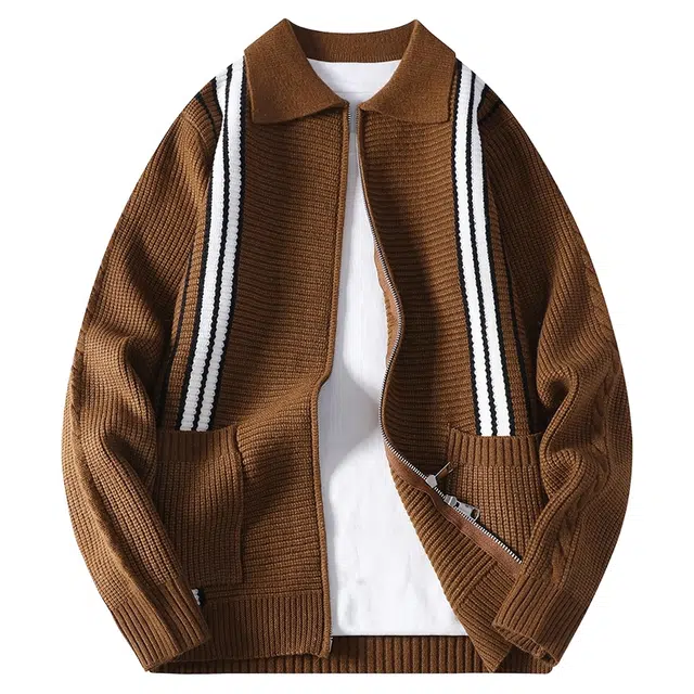 卡丹狄诺 美式复古秋冬季翻领休闲百搭运动拉链开衫男基础款老钱风加厚保暖高级感简约舒适绒感针织衫外套 男女同款
