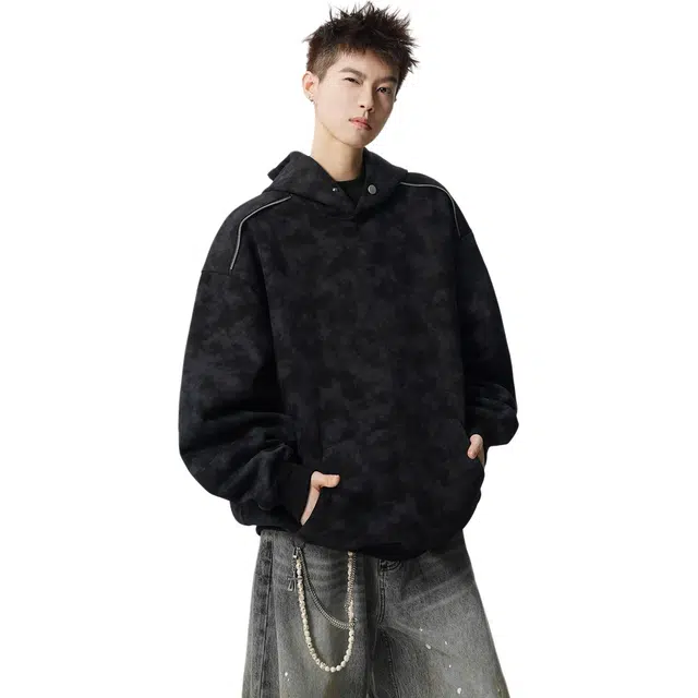 冈哉  美式复古经典扎染拉链装饰连帽宽松百搭痞帅个性潮流潮牌时尚慵懒感学院风日常通勤柔软舒适亲肤上衣卫衣  男女同款