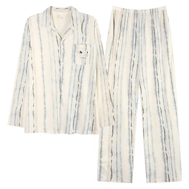 俏霓桐 可爱卡通简约条纹翻领纯棉亲肤休闲舒适长袖长裤家居服可外穿睡衣套装 男款