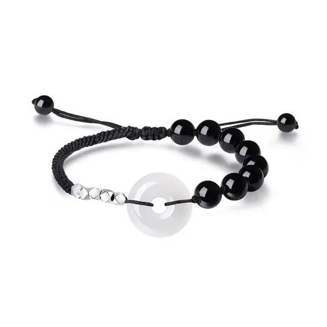 聆听花开 新中式碎碎平安 好运连连 本命年招财个性百搭潮平安扣编绳佛珠转运珠 黑曜石 手绳 男女同款情侣款
