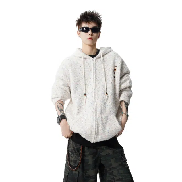 加荣 美式渐变针织开衫毛衣男宽松慵懒风抽绳连帽卫衣男款时尚潮流男士款通勤百搭衫男装秋季小香风高级舒适外套上衣 男女同款