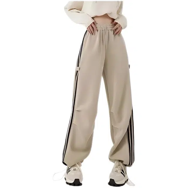 木木兔 潮流时尚秋季裤子条纹潮牌美式宽松直筒休闲裤 女款