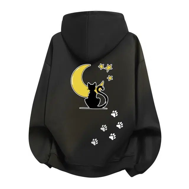 阿凡迪 美式高街复古星光月亮猫咪字母印花校园百搭户外通勤亲肤舒适宽松休闲长袖落肩套头重磅连帽卫衣 男女同款