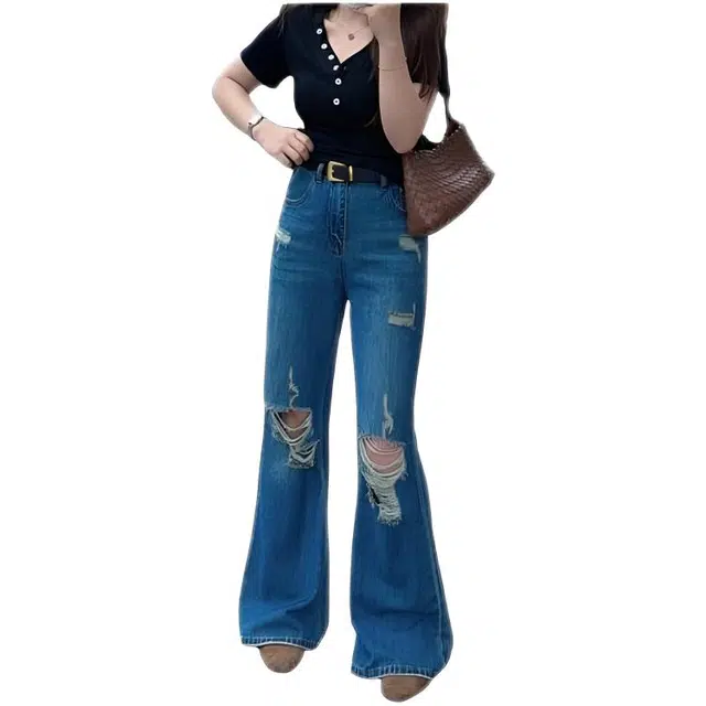 木木兔 潮流时尚秋季裤子女 美式微喇破洞裤小个子高腰马蹄喇叭裤 牛仔裤 女款