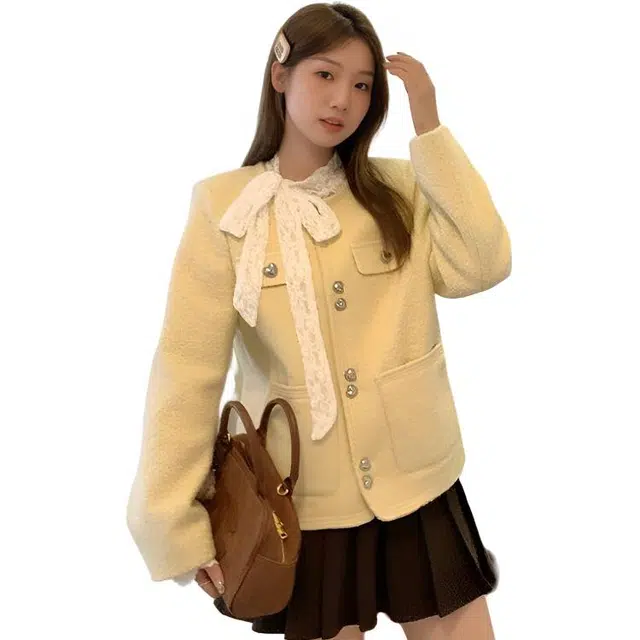 轻迎 时尚简约设计富家千金小香风气质呢子上衣截短外套 女款