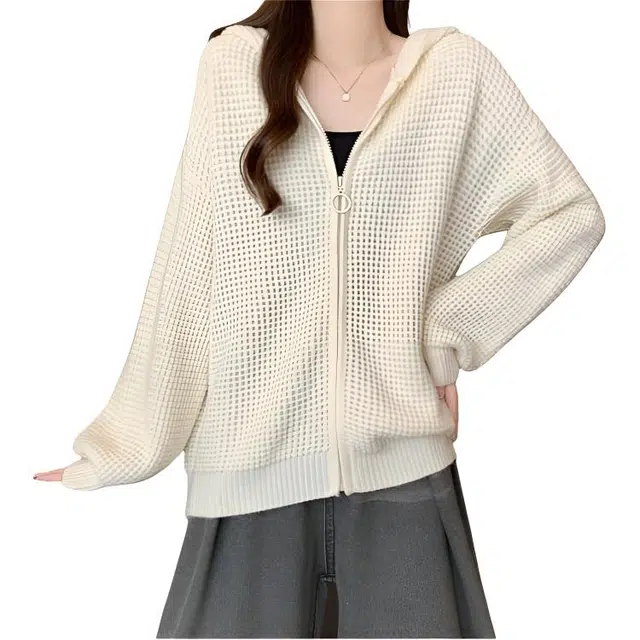 荟萃阁 复古美式连帽华夫格长袖开衫上衣针织衫 女款