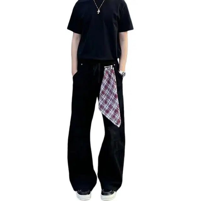 如续 秋季上新美式复古百搭时尚潮流爵士舞格子挂饰裤宽松休闲阔腿弯刀裤子潮牛仔裤 男款