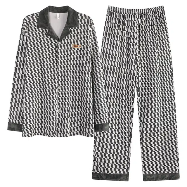 俏霓桐 时尚复古格子纯棉亲肤翻领简约休闲舒适长袖长裤家居服可外穿睡衣套装 男款