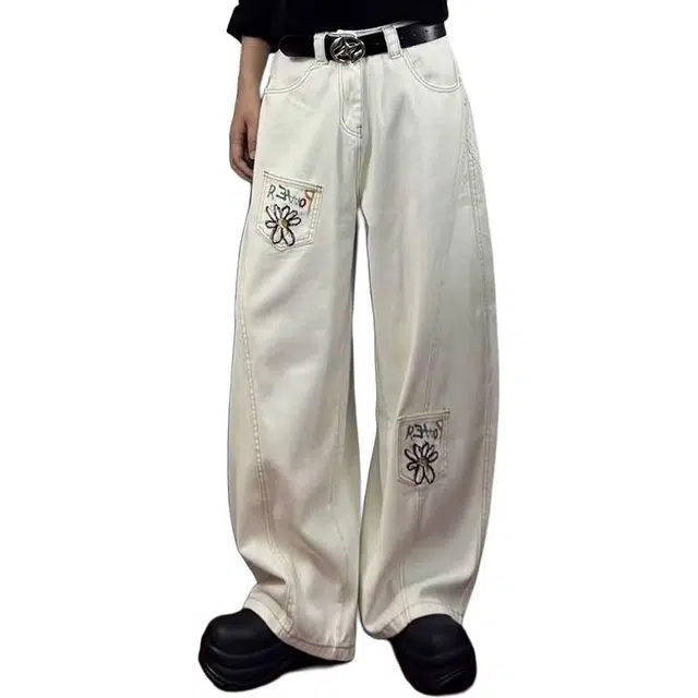 如续 美式解构花卉印花弯刀裤设计感阔腿情侣工装裤子牛仔裤 男女同款