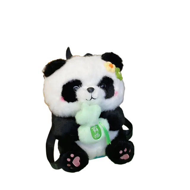 绿野客 可爱熊猫 花花女卡通抱发财苹果 包包轻便背包 旅游小 萌宠陪伴玩偶 尼龙 双肩包 中号 黑色