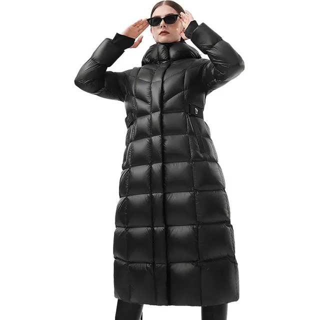 坦博尔 高充绒长款连帽纯色长袖通勤羽绒服 女款