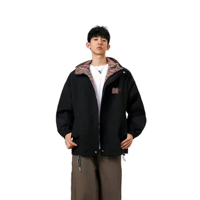 加荣 潮牌小众设计感拼接撞色夹克男款秋季宽松百搭连帽男士上衣痞帅高级感冲锋衣男装休闲运动装男美式机能户外登山服外套 男女同款