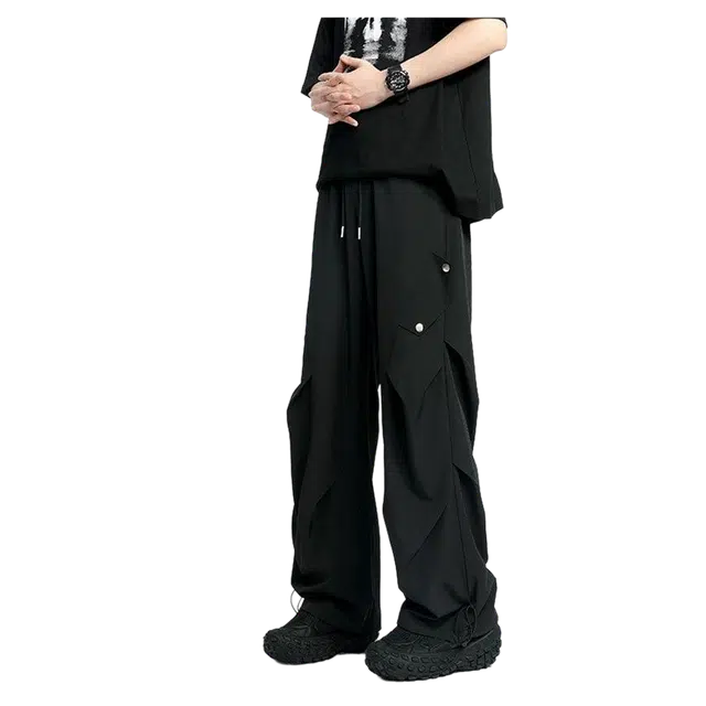 引领潮流虫小绿 美式复古高街简约时尚设计感纯色褶皱透气日常通勤百搭铆钉弯刀阔腿宽松舒适冰丝凉爽速干直筒休闲裤 男女同款