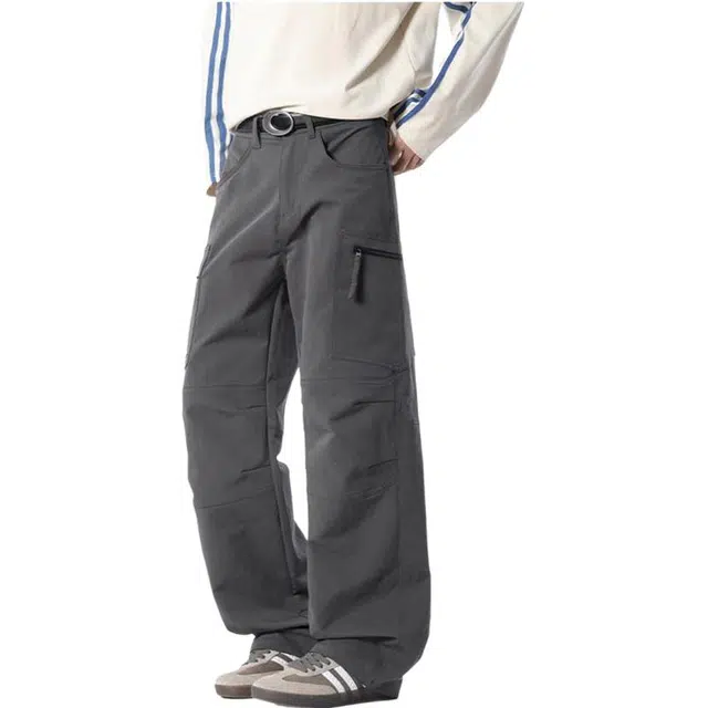 马员外 情侣款青春流行时尚都市现代风长裤阔腿工装弯刀裤百搭复古日系侧边褶皱宽松休闲裤 男女同款