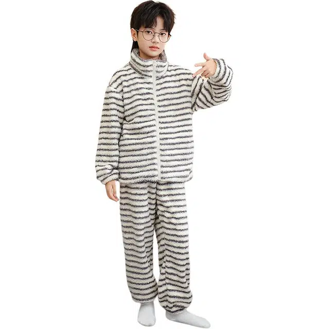 帕兰朵家居服套装 儿童加厚珊瑚绒拉链开衫男女童宽松外出服青少年