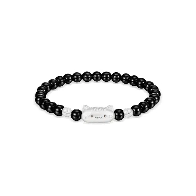 【S999足银纯银 高品质】 七七银饰 法棍猫 甜美时尚小清新 萌趣可爱创意 纳福转运珠 潮流个性小众 通勤百搭 黑曜石 手串 男女同款情侣款