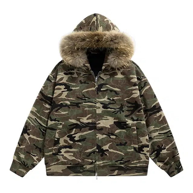 马员外 迷彩情侣款毛领连帽百搭时尚简约宽松卫衣 男女同款