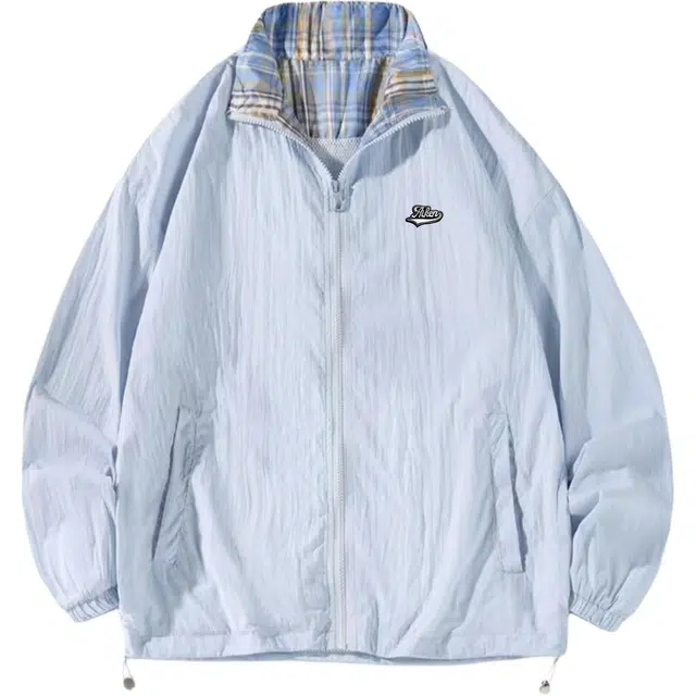 爱肯 美式复古简约休闲宽松潮流百搭格子设计感拉链开衫工装立领夏季薄款外套夹克 男女同款