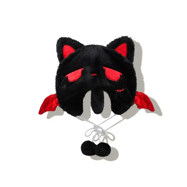 【甜酷Y2K~搞怪萌趣】 攸委 可爱甜美百搭小恶魔耳朵毛绒帽子女秋冬加厚保暖护耳帽 涤纶 卡通小喵滑雪套头帽雷锋绒线帽 男女同款情侣款