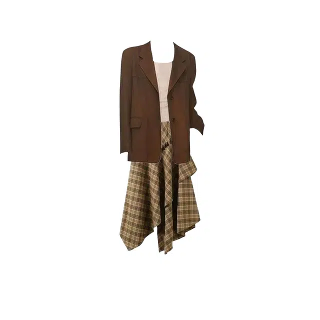 望莱仕 【超显瘦版】大码翻领西装外套女秋复古格纹不规则流苏半身裙裙装套装 女款