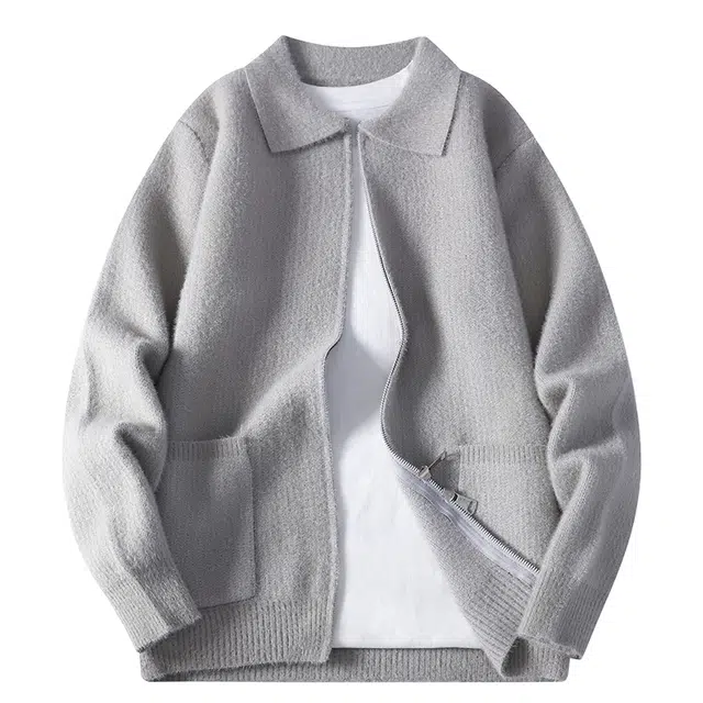 卡丹狄诺 美式复古秋冬季翻领休闲百搭运动拉链开衫男基础款纯色老钱风加厚保暖高级感简约舒适绒感针织衫外套 男女同款