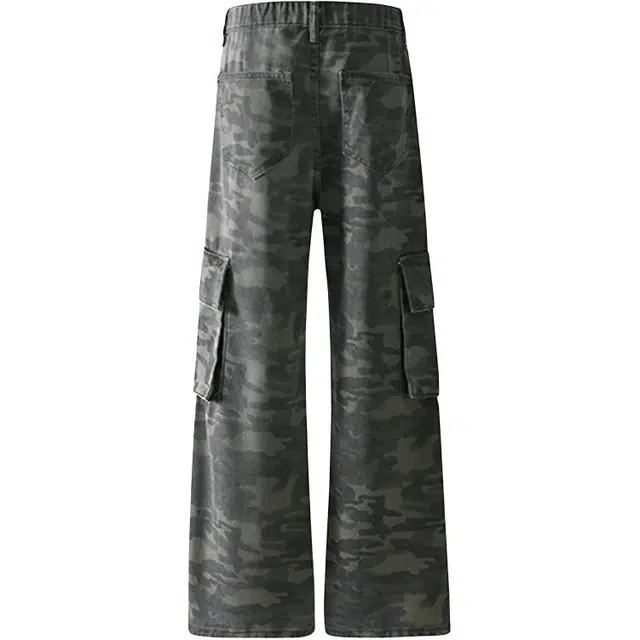 拾个壹先生 美式复古高街小众痞帅潮流迷彩微辣裤无性别主义穿搭亲肤柔软舒适时尚个性宽松休闲百搭低腰不贴腿直筒拖地喇叭裤牛仔裤 男女同款