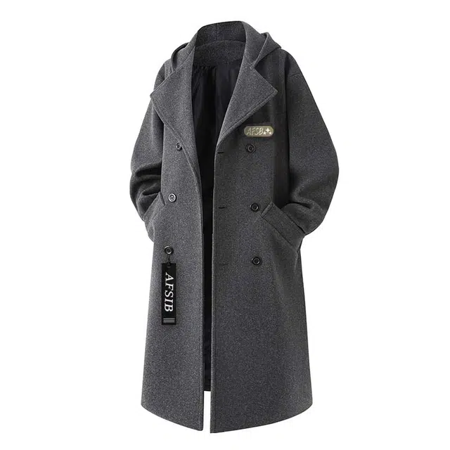 艾梵斯贝 高品质轻奢御寒时尚简约纯色休闲商务绅士日常通勒百搭英伦风单排扣过膝中长款连帽情侣款大衣 男女同款