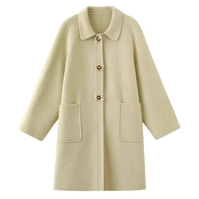 花栗鼠小姐 韩系学院风少女心蝴蝶结双面呢保暖外套纯色简约温柔气质高智感通勤时尚百搭宽松休闲舒适甜美小个子中长款加厚翻领毛呢大衣 女款