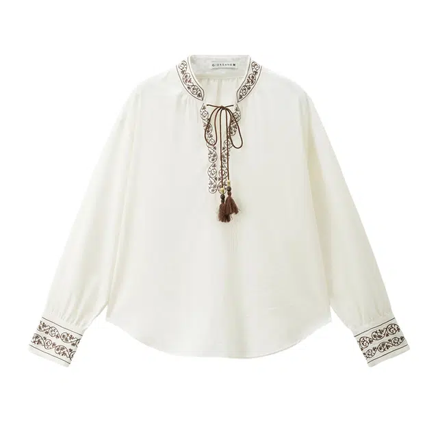 佐丹奴 中国风刺绣绑带小立领梭织休闲长袖衬衫 女款