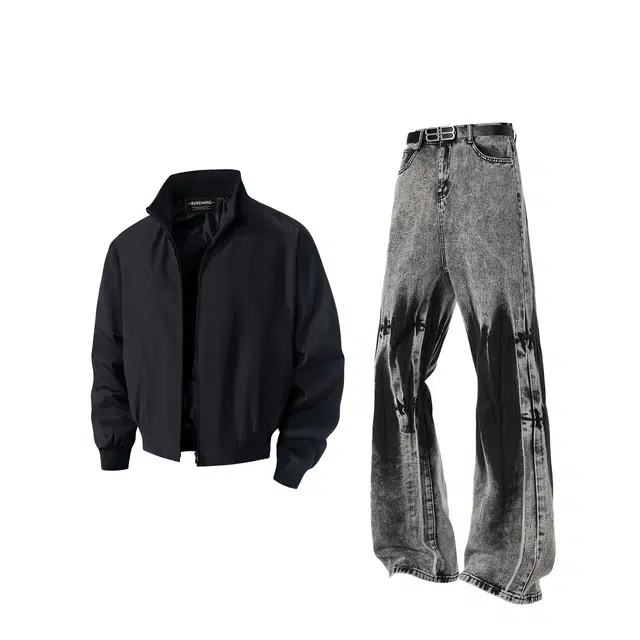 【高街机车风免搭配一套】布客行 美式飞行员教练服老钱工装夹克外套防风防泼水废土风扎染做旧弯刀直筒舒适牛仔长裤子休闲套装 男女同款