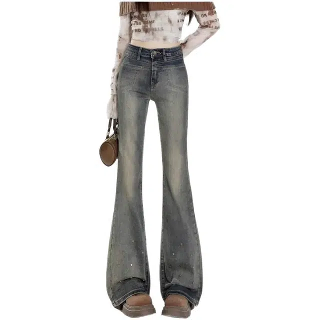 木木兔 潮流时尚秋季裤子女 美式高街竹节纹高级感水洗做旧复古直筒微喇 牛仔裤 女款