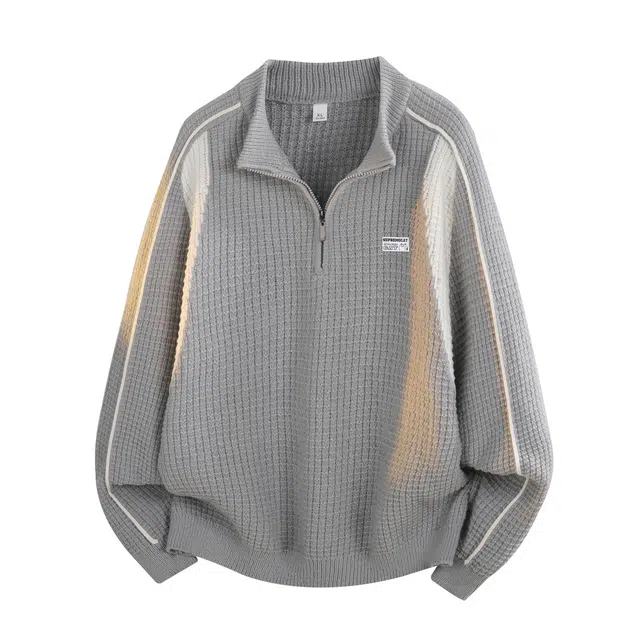 吾皇猫 美式潮牌仿鹿绒肌理感半拉链拼接撞色设计时尚百搭立领加厚保暖舒适休闲通勤长袖毛衣 男女同款