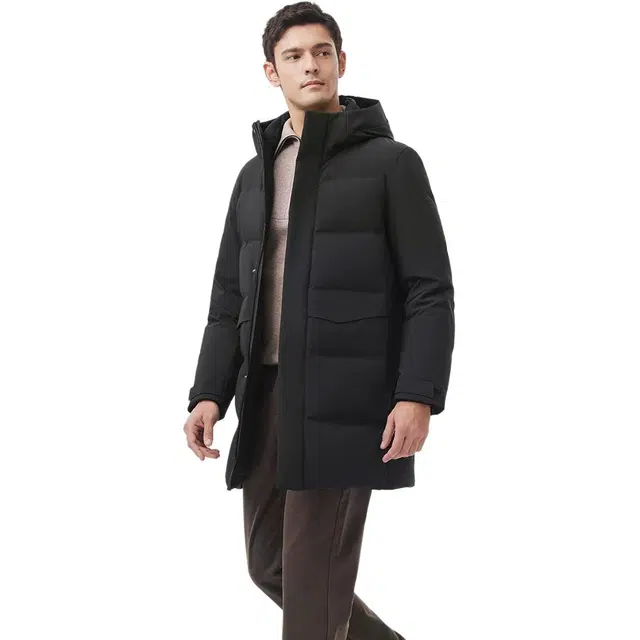 坦博尔 鹅绒中长款连帽纯色收口袖商务风羽绒服 女款