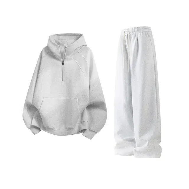 素杭 美式重磅帽衫设计感半拉链防风高领连帽卫衣搭配基础纯色松紧腰直筒卫裤两件套潮流穿搭一整套休闲运动套装 男女同款