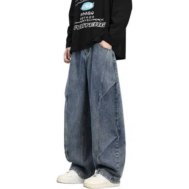 顶峰保罗 美式复古宽松大码直筒阔腿垂感拖地长裤无性别主义情侣款潮流百搭通勤水洗做旧牛仔裤 男女同款