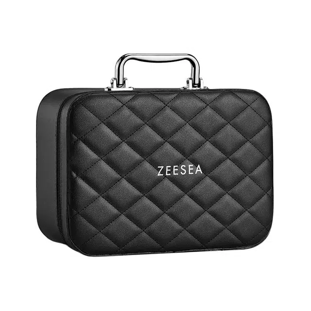 滋色黑色菱形格纹大容量手提款化妆包化妆箱 便携 高级感美妆收纳盒拉链带镜子