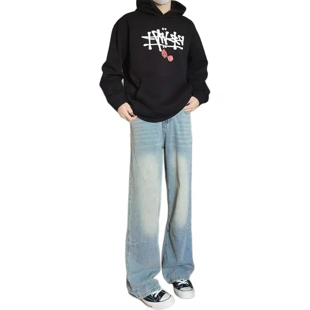 如续 美式复古水洗做旧纯色基础款简约直筒长裤百搭垂感宽松牛仔裤 男款