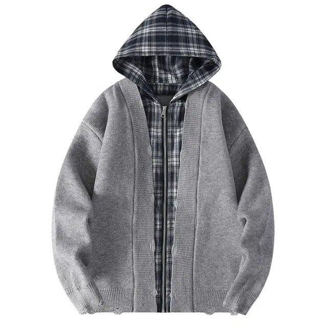 洋气先生 美式高街潮牌假两件软糯舒适无性别主义潮流慵懒感个性卫衣日常通勤开衫连帽拉链外穿外套长袖简约休闲时尚百搭针织衫 男女同款