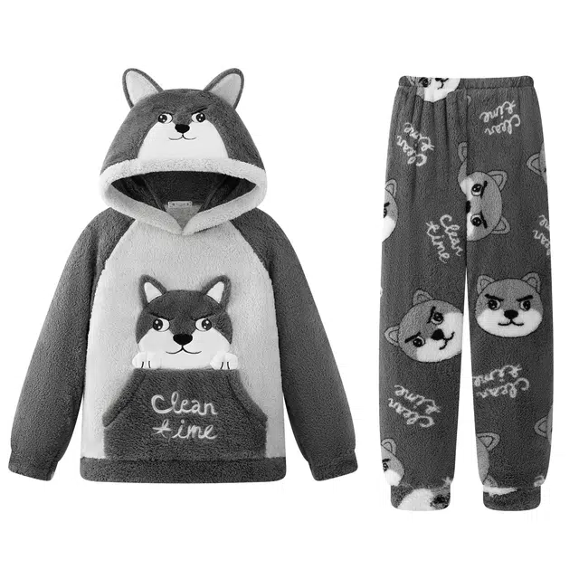 俏霓桐 卡通可爱甜美狗狗加厚珊瑚绒加绒青少年学生保暖可外穿家居服睡衣套装 女款