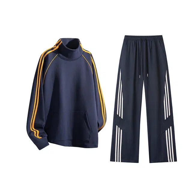 素杭 美式高街重磅高领条纹长袖套头卫衣搭配设计感松紧腰直筒阔腿长裤两件套潮牌穿搭一整套休闲运动套装 男女同款