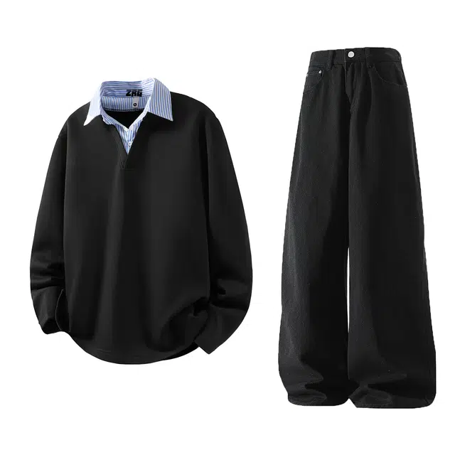 梓润格 秋季美式潮流拼接假两件设计感衬衫领长袖潮牌宽松纯色简约上衣休闲时尚日常慵懒风基础款高街水洗做旧复古直筒裤套装 男女同款