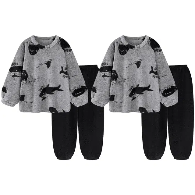 俏韵 圆领卡通鲨鱼冬季加绒保暖简约长袖长裤甜美可爱舒适家居服可外穿睡衣套装 男女同款