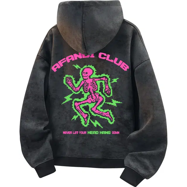 阿凡迪 美式复古街头简约扎染创意设计像素风骷髅字母潮牌印花宽松舒适休闲百搭时尚潮流通勤无性别主义抽绳长袖重磅连帽卫衣 男女同款