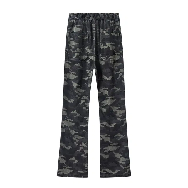 【3D立体彩骨刺绣】布客行 显高显瘦迷彩重工斜切拼接微喇美式复古水洗直筒牛仔裤透气高街舒适亲肤弹力抽绳阔腿百搭长裤休闲裤 男女同款