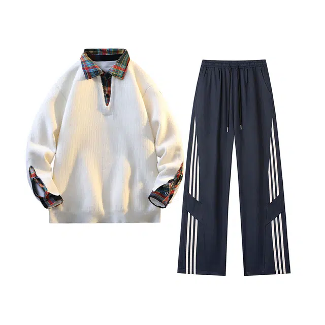 素杭 潮流宽松撞色领长袖针织套头打底衫搭配设计感拼接条纹直筒长裤两件套试试穿搭一整套休闲运动套装 男女同款