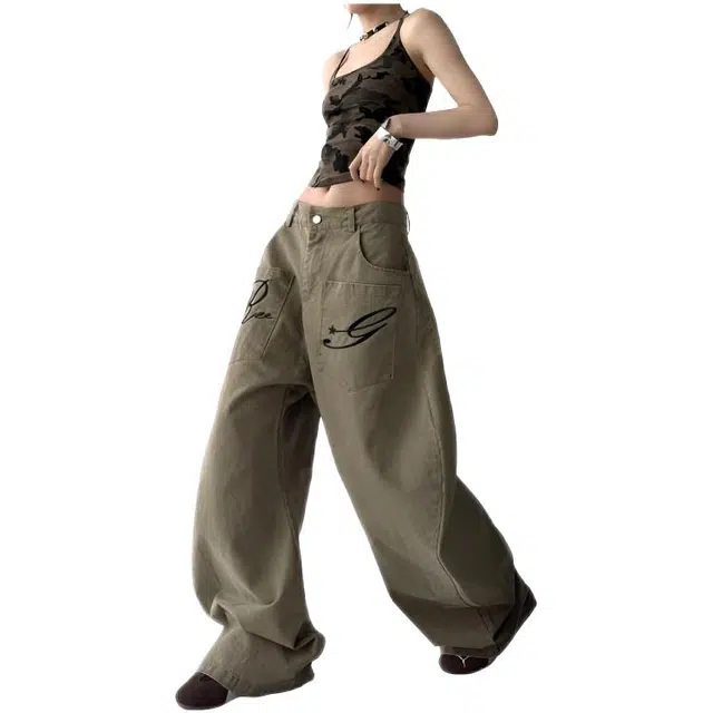 木木兔 潮流时尚秋季裤子女 做旧脏脏阔腿裤重工设计反口袋复古个性直筒拖地长裤 牛仔裤 女款