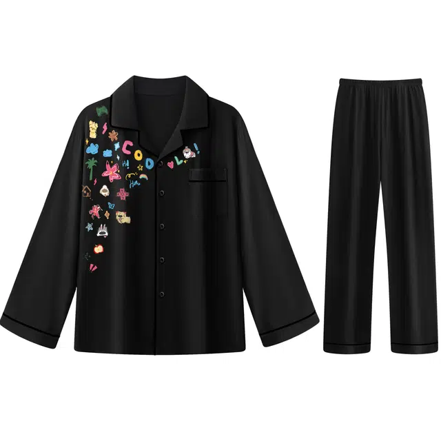 俏霓桐 青少年学生舒适纯棉开衫涂鸦图案时尚宿舍家居服可外穿睡衣套装 男款