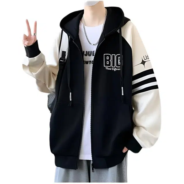 木木兔 美式高街重磅男士长袖外穿冬季休闲秋冬穿搭轻奢潮流百搭衣服冬天国潮宽松潮牌连帽开衫外套夹克 男款