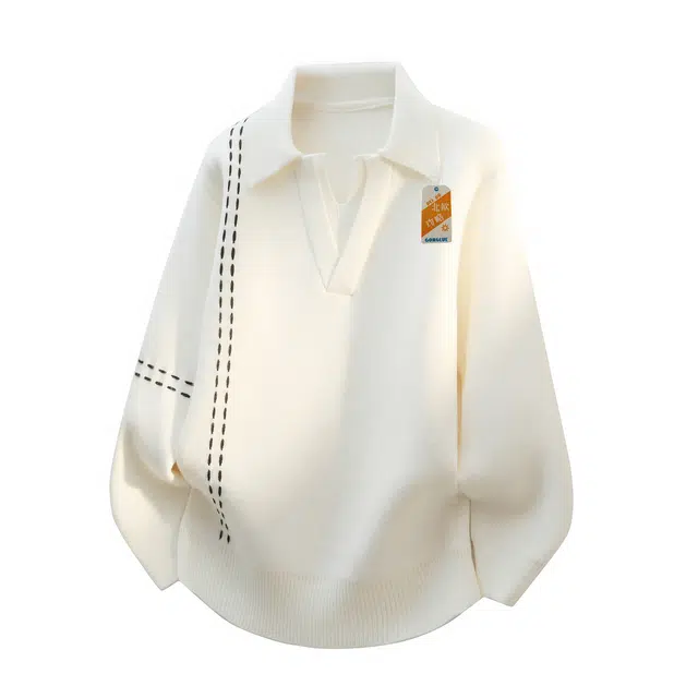 北欧攻略 秋冬季高品质重磅高密度加厚温暖软糯舒适慵懒风毛衣翻领潮流学生休闲通勤百搭线条撞色长袖针织衫 男女同款